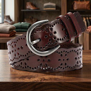 Ceinture décontractée en cuir de vachette véritable avec découpes géométriques, boucle ardillon argentée, moulage monobloc durable - Product Image 3