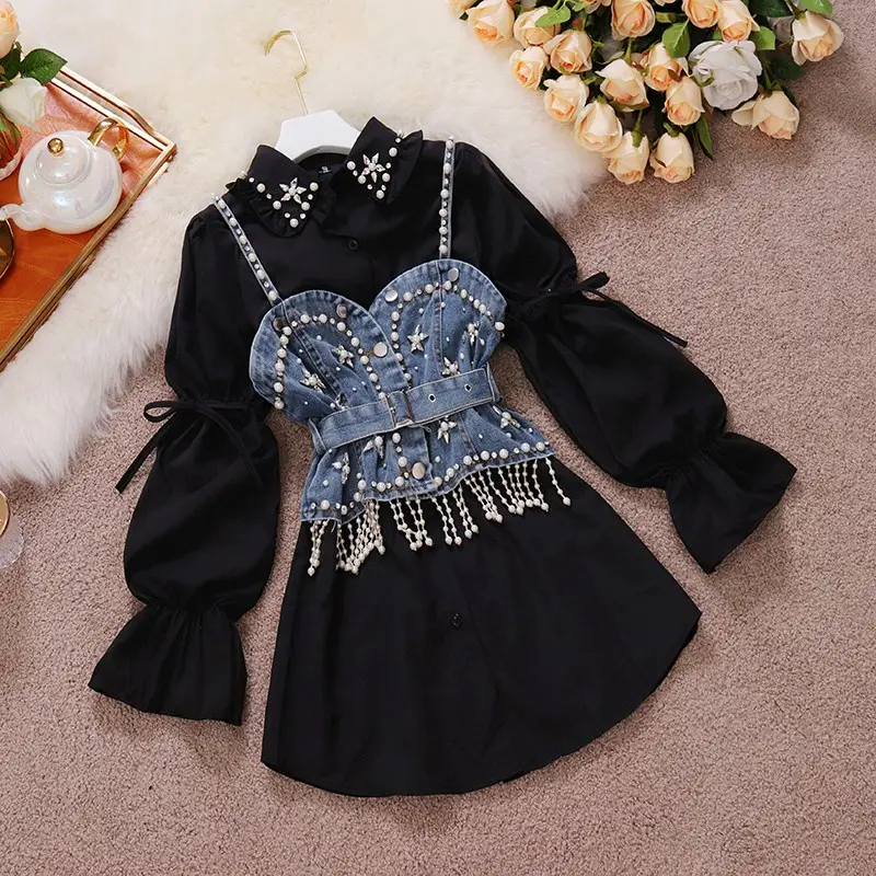 Chic Spring New Woman Mid-Length Rhinestone Beaded Long Sleeve White Shirt Denim Camisole Two-Piece Suit Tops Femme Blouse