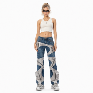 Jean droit femme Wangsheng en denim bleu délavé avec empiècements argentés et découpes, <span class=keywords><strong>pantalon</strong></span> cargo multi-poches style techwear futuriste - Product Image 6