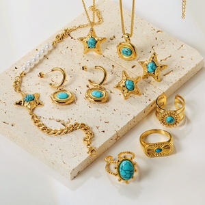Conjunto de Joias de Moda para Mulheres com Pulseira, Colar, Brincos e Anel de Pedra Natural Turquesa Retro, Aço Inoxidável com Revestimento em Ouro PVD 18k - Product Image 1