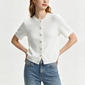 Factory High Quality Bow Button Decorative Knitted <strong>Cardigan</strong> Retro Short-sleeved Chic Coat Knitted Sweaters <strong>for</strong> <strong>Women</strong> - Product Image 3