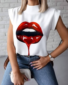 Damen Vintage Sommer Chiffon Shirt Top Einfache Stand Kragen Blumen Lippen Print Plus Size Damen Blumen Vintage Blumen Shirt Top - Product Image 2
