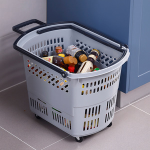 Supermarket Large Plastic <strong>Shopping</strong> <strong>Trolley</strong> &amp; Cart with Four Wheels &amp; Pull Rod Thickened Handheld <strong>Shopping</strong> Basket - Product Image 1