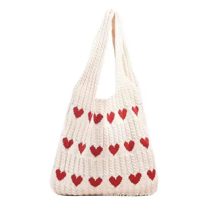 Venta al por mayor de tejido de ganchillo de punto bolso de mano de varios colores señoras malla bolsas de playa Día de San Valentín corazón rojo bolsas de compras