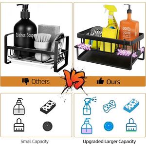 Support pour éponge noire, organisateur de comptoir de cuisine, porte-éponge en métal antirouille avec plateau d'égouttage pour évier de cuisine - Product Image 4