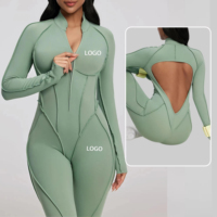 Combinaison de sport une pièce personnalisée pour femme, dos nu, respirante, avec fermeture éclair frontale, pour la gym, le fitness et le yoga