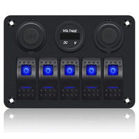 Panel Saklar Rocker 5 Tombol 20A Plastik dengan Soket USB DC 12V QC 3.0 dan Tipe C, Voltmeter Lampu LED Biru untuk Mobil, Kapal, Kendaraan Laut, RV, Truk