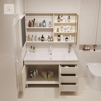 Meuble-lavabo de salle de bain en céramique au design moderne personnalisé XINGRUO, étanche, en contreplaqué multicouche, unités intégrées pour projets hôteliers
