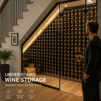 Système de présentation de bouteilles de vin en bois et métal sur mesure sous les escaliers, certifié CE ISO, armoire modulaire pour villa, hôtel, bar, projet d'usine, conception CAO, contrôle qualité