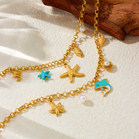 Collar de acero inoxidable de moda Unique Vacation-Style Ocean Series Oil-Dropping Dolphin Pearl Shell Starfish Collar