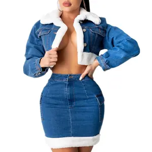 2022 New Winter Long Sleeve Two Piece Set Stylish Ladies Fur Edge Denim Skirt Suits Warm Jean Skirt Winter Sets For Women