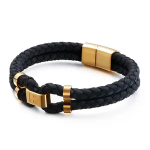 Luxury Stainless Steel Jewelry Leather Bracelets Suppliers, Custom Pulseras Hombre Magnetic Black Woven Rope Leather Bracelet/