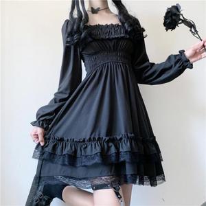 Long Sleeves Lolita Black Dress <strong>Goth</strong> Aesthetic Puff Sleeve High Waist Lace Trim Party Gothic <strong>Clothes</strong> Dress <strong>Woman</strong> - Product Image 3