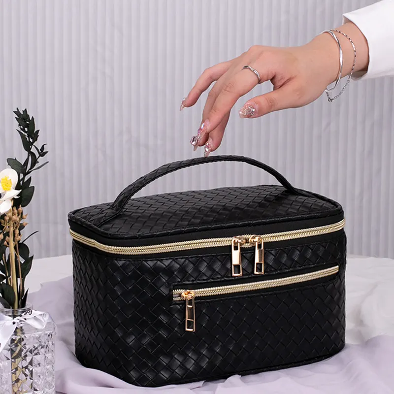 Women Large Capacity Travel PU Leather Toiletry Bag Simple Geometric Pattern Portable Cosmetic Pouch Makeup Bag
