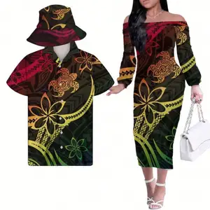 OEM Hot sale couple outfit Sublimation print Fisherman Hats Samoan Tribal fall casual office dresses Match oem men shirt