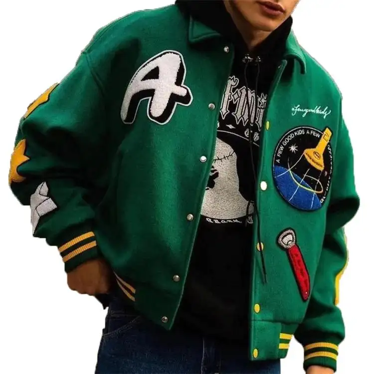 Chaqueta universitaria vintage verde con parche de chenilla personalizada de alta calidad para hombre, chaquetas universitarias con letras de béisbol para hombre