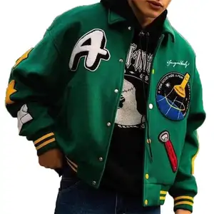 Kustom kualitas tinggi Chenille Patch hijau Vintage Varsity jaket untuk pria bisbol Letterman pria Varsity jaket