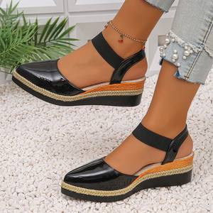 Sandalias de Plataforma con Cuña de Charol Negro para Mujer, con Correa en el Tobillo, Punta Abierta, Zapatos Casuales de Verano - Product Image 1