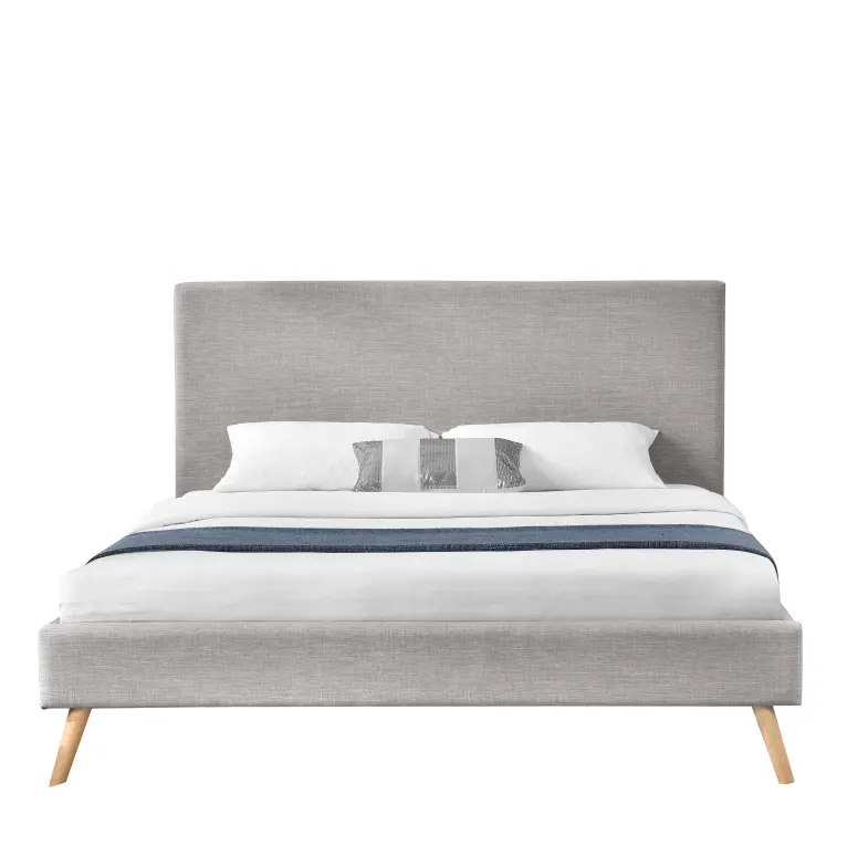 Willsoon Modern Design Double Size Linen Fabric Bed Frame Soft Upholstered with Solid Wood Legs for Home Use
