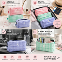 Pochette de maquillage matelassée rayée personnalisée avec logo brodé, portable, pour voyage, faible MOQ, fourniture directe usine