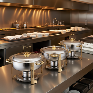 Vevor Ensemble de réchauds ronds en acier inoxydable de 5 pintes, finition dorée, taille standard pour le maintien au chaud en buffet - Product Image 2