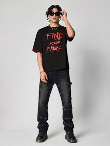 T-shirt à col rond et manches courtes pour homme avec imprimé lettres, style simple et décontracté, fabrication en usine, personnalisation disponible.F10 - Product Image 4
