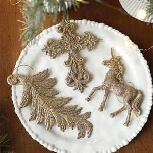 Crucifijo Colgante para Árbol de Navidad, Adornos de Copos de Nieve Navideños con Alas de Ángel y Brillo Champán para Decoración de Árboles de Navidad - Product Image 3