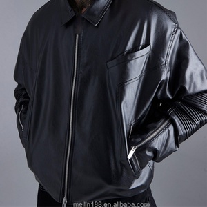 Veste en cuir PU noire de haute qualité pour homme, avec fermeture éclair sur les manches et poche oblique sur la poitrine, modèle court, collection 2023 - Product Image 2