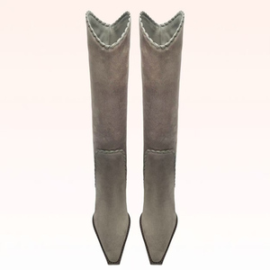 Femmes String Tangled High Chunky Wedge Heels Shoes Pointed Toe Suede Knee High Boots V-shaped Top Slip on Long Boots - Product Image 3