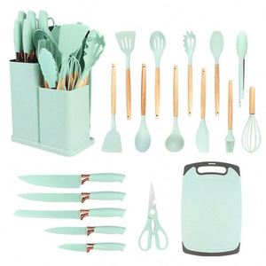 Ensemble d'ustensiles de cuisine professionnels multifonctions en silicone et en bois de 19 pièces avec panier de rangement, support, compatible lave-vaisselle - Product Image 4