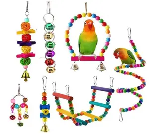 OF 7Pcs Hammock Swing Bell String Rattan Bird Toy Set Bite Parrot Cage Toys Bird Toys Bells For Small Parakeets Cockatiels