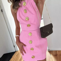 Gaun Mini Bodycon Seksi Model Halter Tanpa Punggung dengan Hiasan Kancing Mawar 3D Warna Emas untuk Pesta