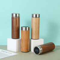 Botol Termos Bambu Custom 450ml, Mug Stainless Steel dengan Tutup Bambu LED, Botol Air dengan Infuser Teh dan Tutup LED Penunjuk Suhu