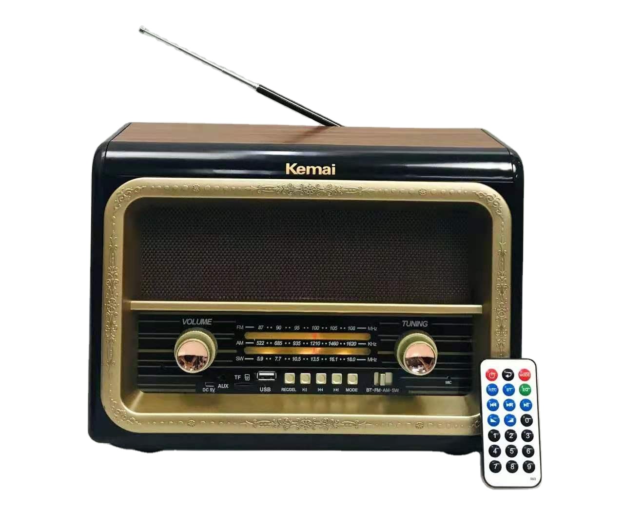 Rádio de madeira kemai MD-1911BT am fm sw, 3 band vintage retro, com entrada usb, tf, mp3 player, azul