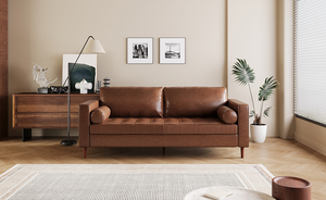 Canapé convertible 3 places Mirod Mid-Modern en cuir PU, design capitonné, pieds en bois massif, 2 coussins décoratifs, confortable - Product Image 6