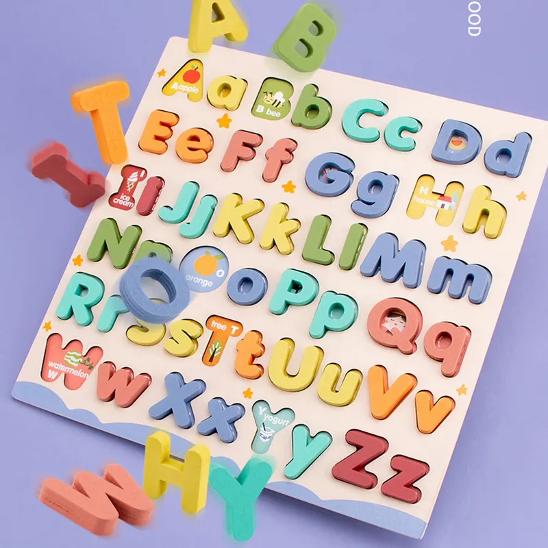 Puzzle kayu alfabet anak-anak, mainan edukasi papan belajar Montessori huruf ABC dan angka untuk balita