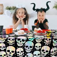 Nappe de table rectangulaire jetable en plastique noir à imprimé crâne holographique arc-en-ciel pour fête d'Halloween