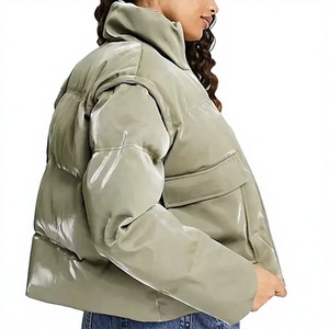 Women's Olive Green <b>Quilted</b> Puffer <b>Jacket</b> Stand Collar Full Sleeve Zipper Closure Winter Coat Short Length Solid Color - Product Image 2