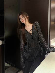 Maglione da <span class=keywords><strong>donna</strong></span> lavorato a <span class=keywords><strong>maglia</strong></span> <span class=keywords><strong>gialla</strong></span> con camicetta protezione solare tinta unita con Top Casual allentato per la lunga lunghezza della primavera estate - Product Image 6