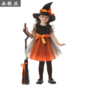 Disfraz de bruja para niños, vestido tutú naranja y negro con sombrero y escoba para fiesta de Halloween, cosplay para niñas - Product Image 5