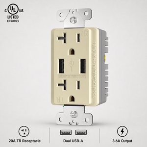 Receptáculo de Corriente de Alta Resistencia Color Marfil, Doble USB-A, 20 Amperios, NEMA 5-20R, Grado Comercial para Habitaciones de <span class=keywords><strong>Hotel</strong></span> - Product Image 1