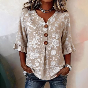 Women's 2025 Spring/Summer Wholesale New European and American Women's V-neck <b>Linen</b> Cotton Button <b>Top</b> - Product Image 5
