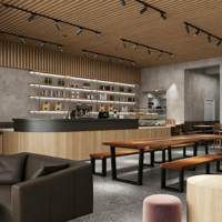 Comptoir de bar à café en bois courbé, style luxe léger, éclairage LED, écologique, haute qualité, pour cafés commerciaux et espaces de vente au détail