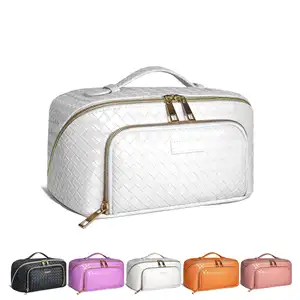 PU Leather Waterproof Women Portable Travel Makeup Bag With Handle and Divider Flat Lay Makeup Organizer Bag