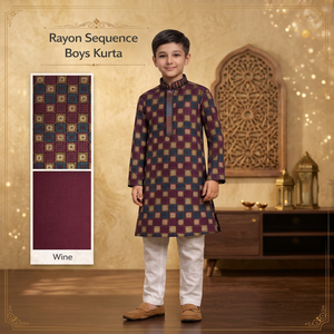 <b>Boys</b> Rayon Sequence <b>Kurta</b> Wine Checkered Traditional Ethnic Wear India Wedding Kids Clothing 0-14 Year - Product Image 1