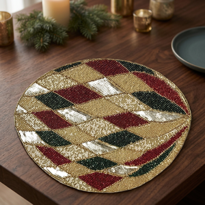 Nappe ronde en tissu avec motif diamant or, rouge, noir et blanc, design glamour, style bohème, durable, diamètre 400 mm - Product Image 5
