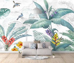 Mural de Pared Impermeable de Tela No Tejida con Diseño de Planta Tropical y Hojas Grandes, Efecto Seda, Estilo Boho Moderno, Tono Neutro, Floral y Aviario, Fácil de Instalar - Product Image 2