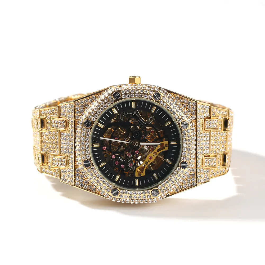 Reloj de pulsera para hombre y mujer, de moda, con esqueleto mecánico de circón chapado en oro, de lujo, con Tourbillon Iced Out