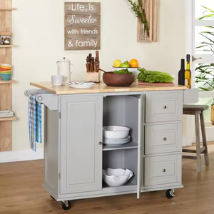 Carrello da Cucina con Ruote e Piano Ribaltabile, 3 Cassetti, Ripiani, Top in <span class=keywords><strong>Legno</strong></span> Naturale <span class=keywords><strong>Bianco</strong></span>, Design Moderno - Product Image 4