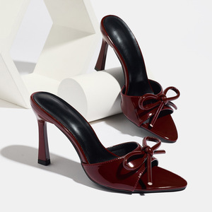 Sandales <span class=keywords><strong>à</strong></span> talons hauts métalliques bronze Xuanhui Fetish 9 cm pour femmes, <span class=keywords><strong>mules</strong></span> <span class=keywords><strong>à</strong></span> bout pointu avec nœud, grandes tailles 35-43, chaussures de soirée <span class=keywords><strong>à</strong></span> enfiler - Product Image 2